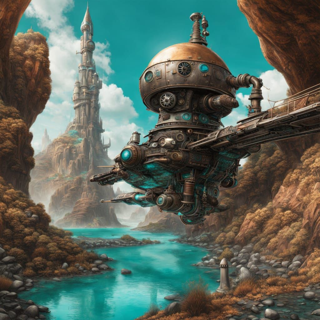 Steampunk Rocket Ship on Turquoise River