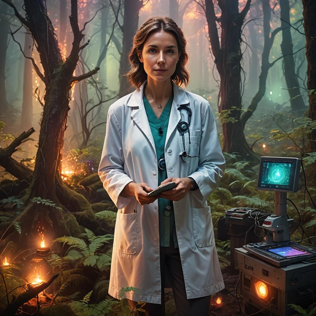 Mystical Sonographer in Ancient Forest Concept Art