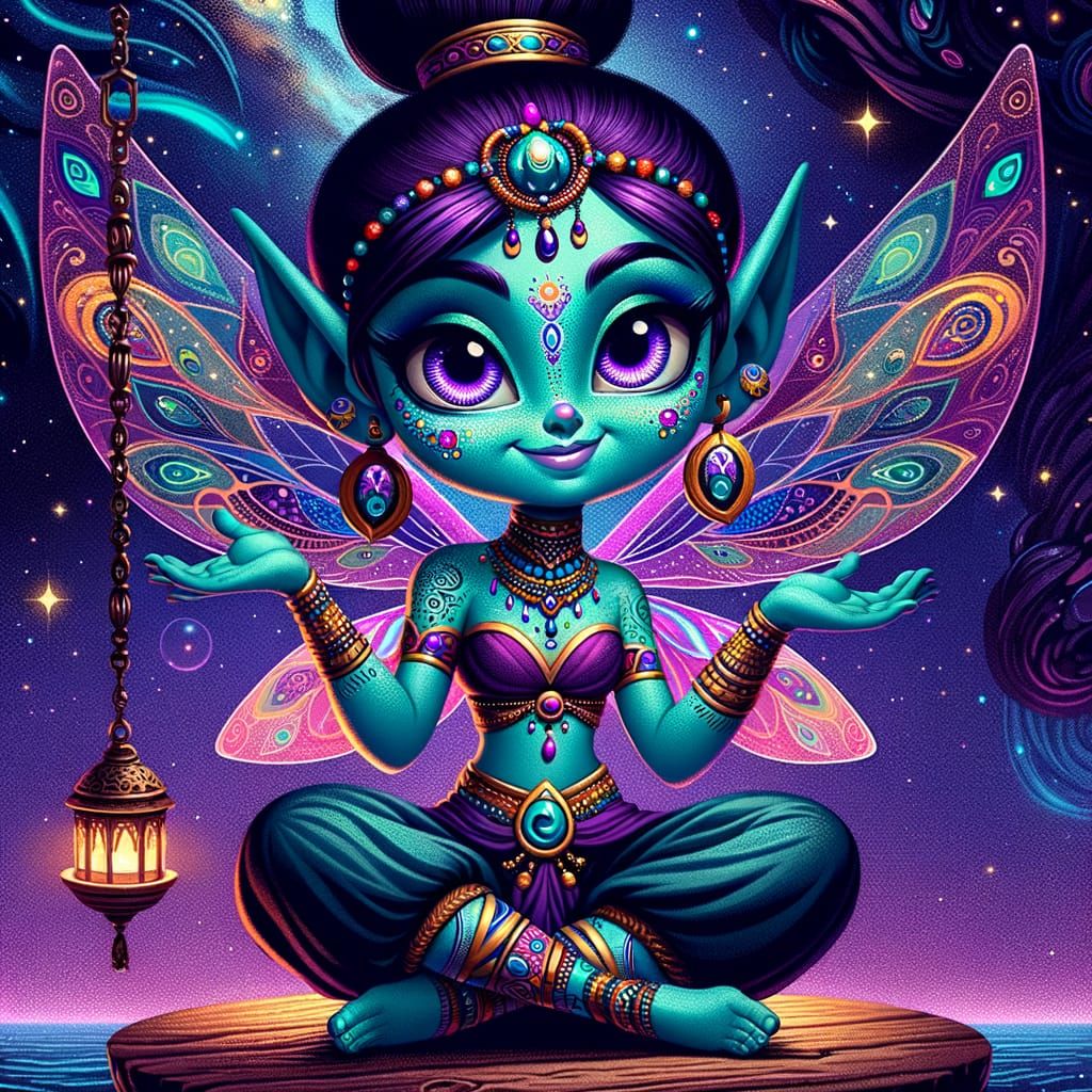 Enigmatic Pixie Sits on a Swing in Cosmic Landscape