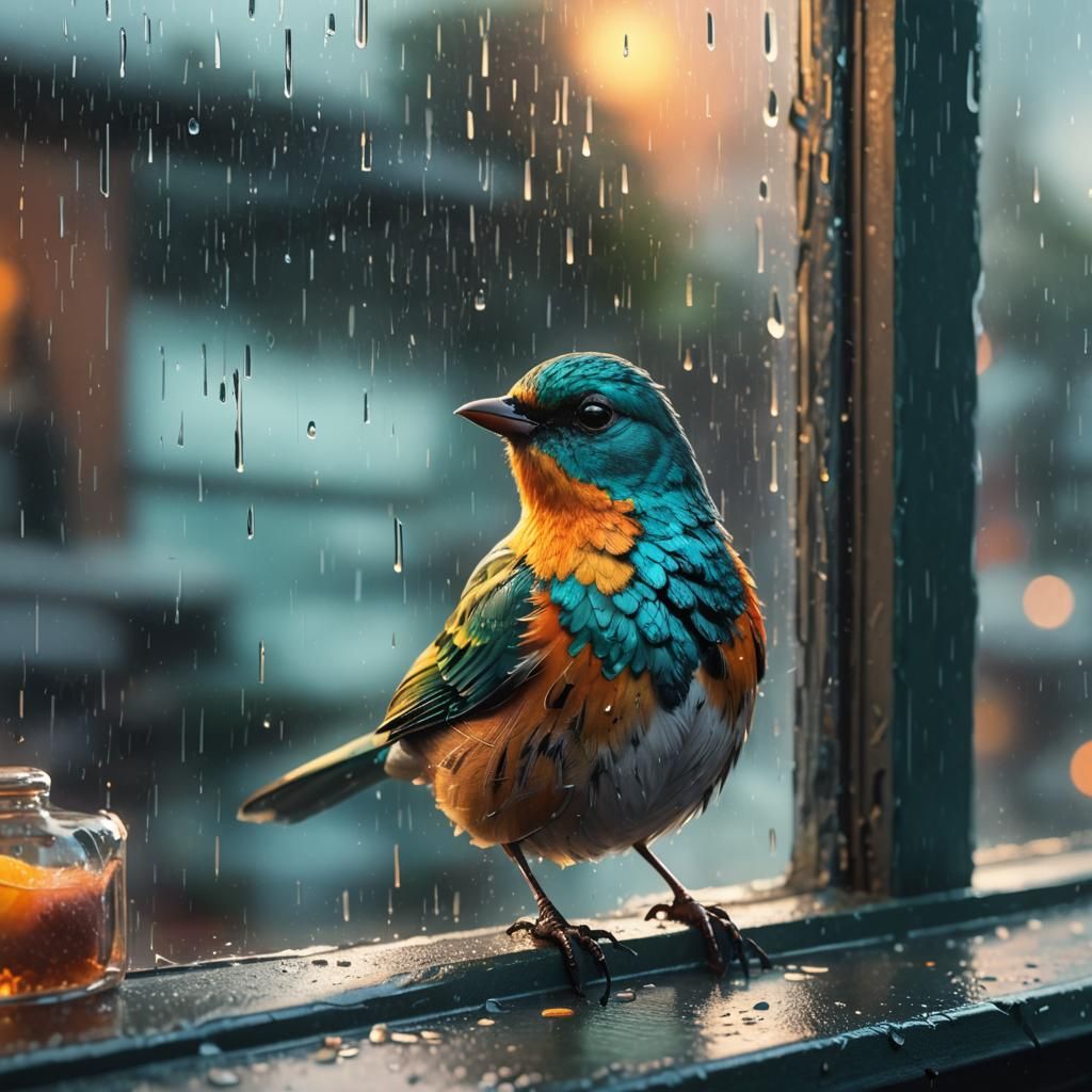 Bird on Windowsill in Rain, Dreamy Concept Art