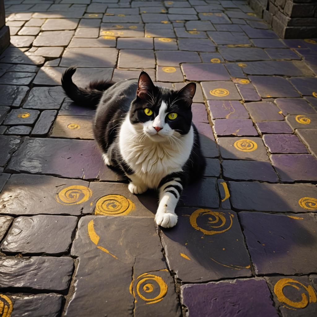 Mystical Cat Lounging in a Runestone Grotto