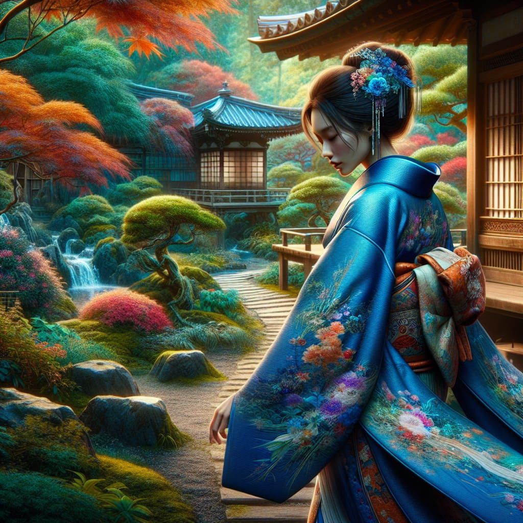 Woman in Blue Kimono in Japanese Garden