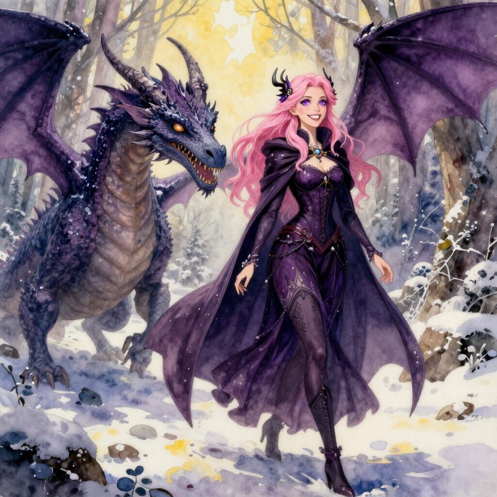 Winter Gothic Dragon and Woman in Enchanted Forest Watercolo...