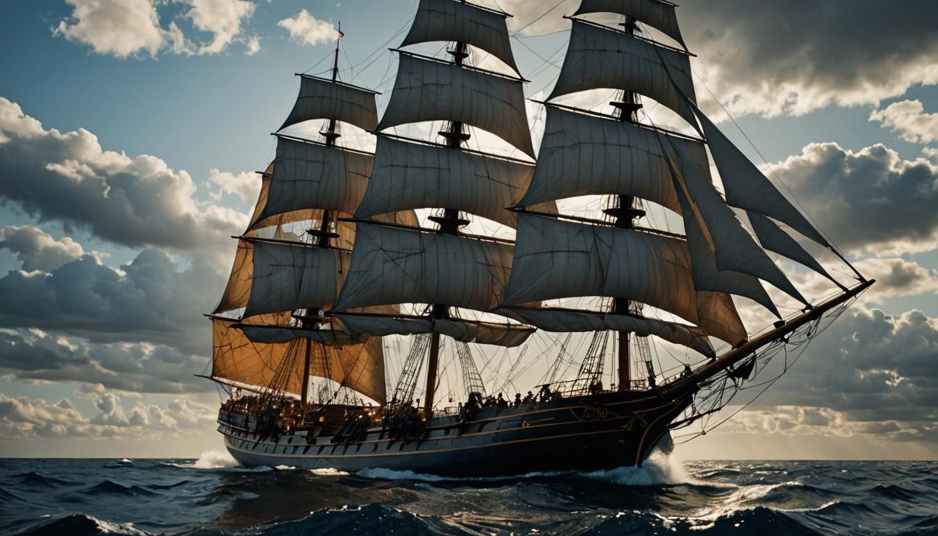 Full-Rigged Ship Sailing with Volumetric Lighting