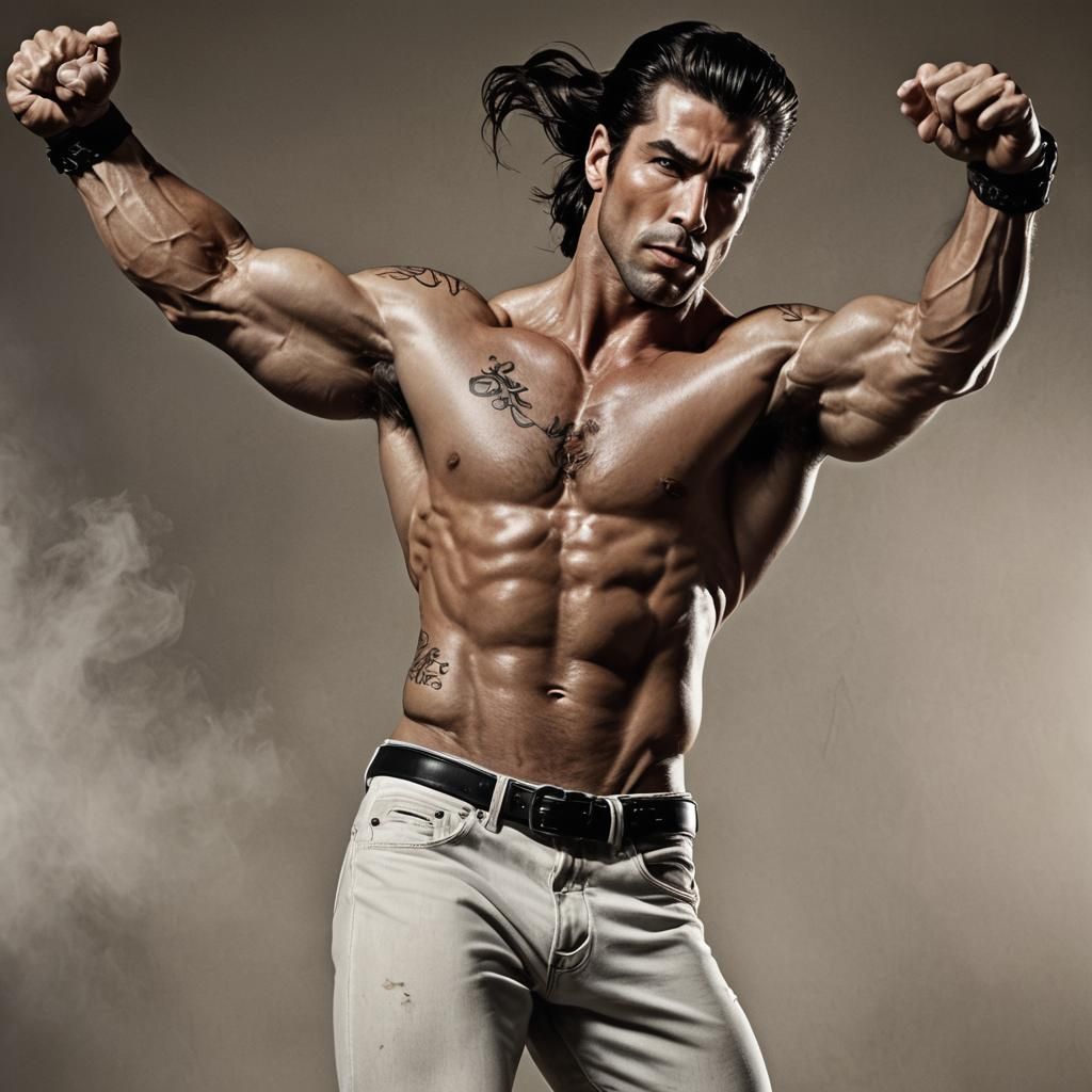 A muscular male dancer with a six-pack and a tattoo dancing ...