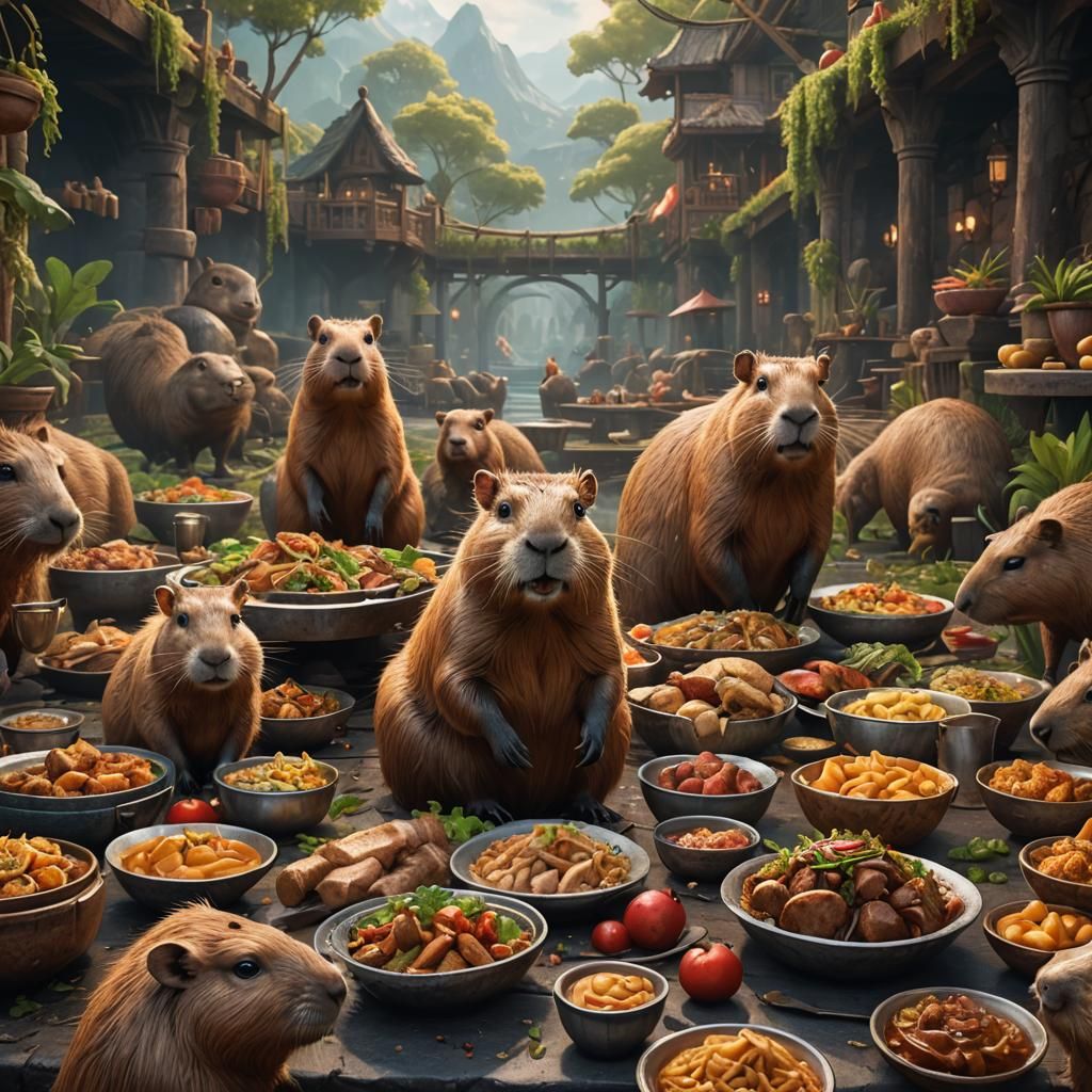 Adorable Capybara's Dinner: Detailed Matte Painting