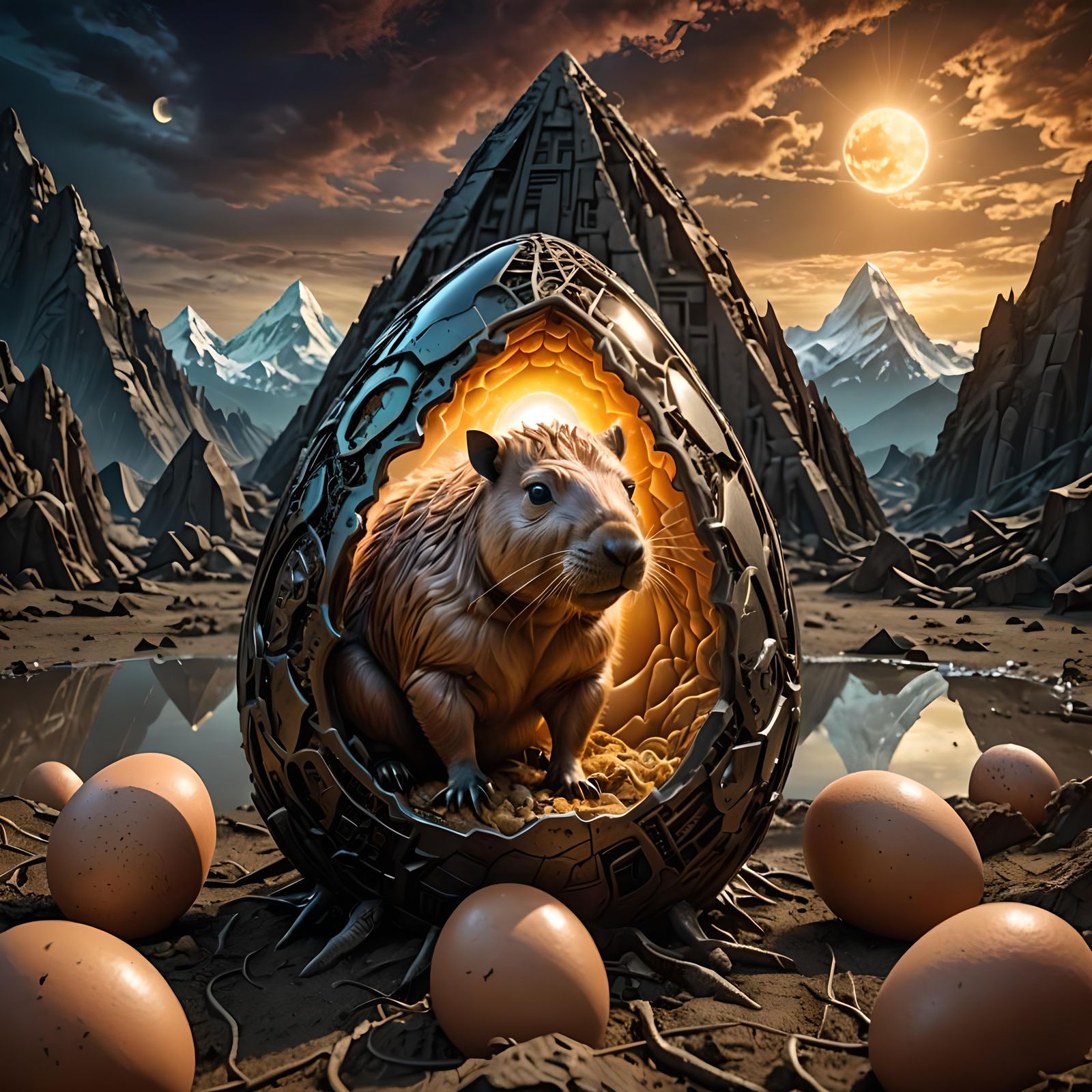 Surreal Capybara Hatching in Chromatic Style