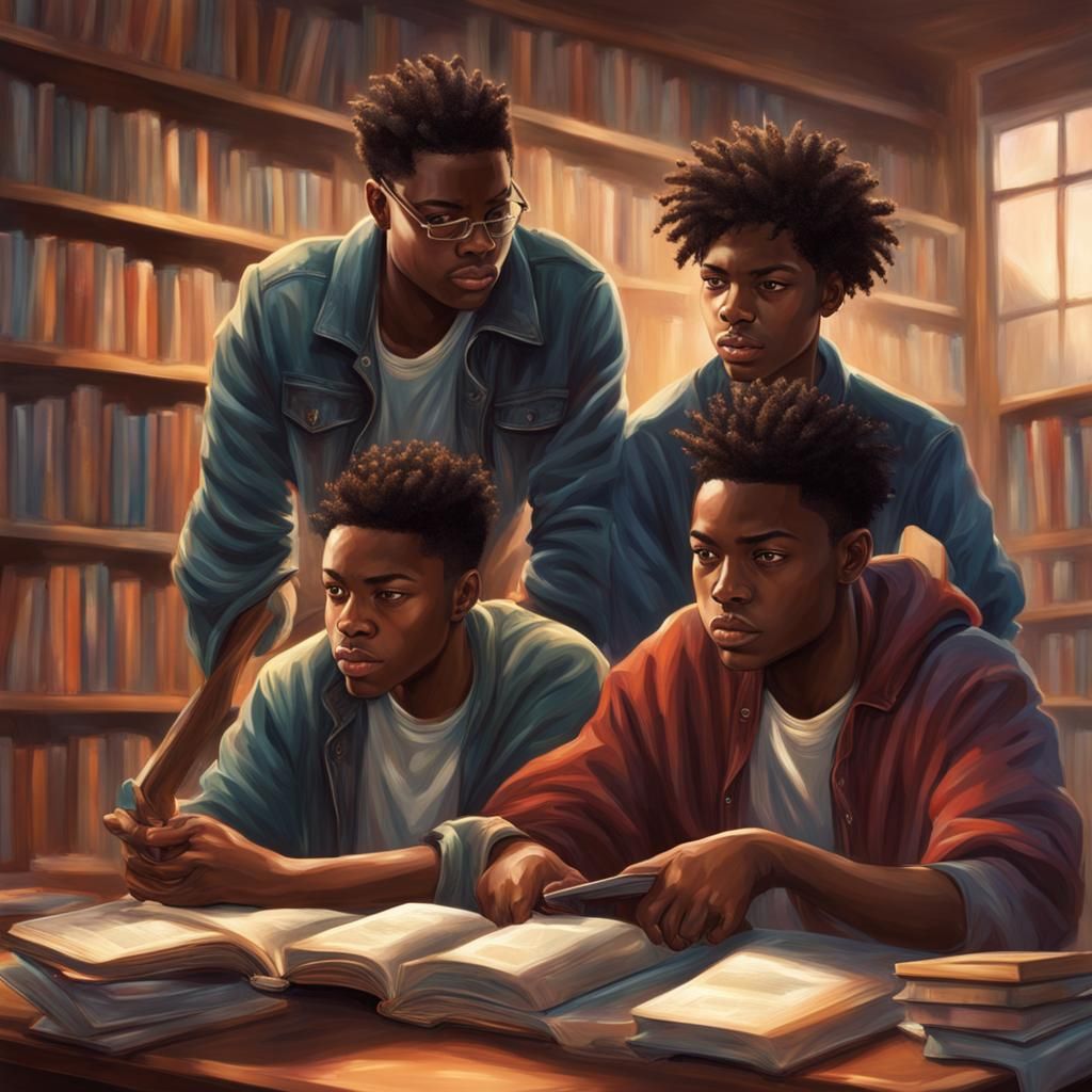 Young Men Reading in Library: Hyperrealistic Splash Art