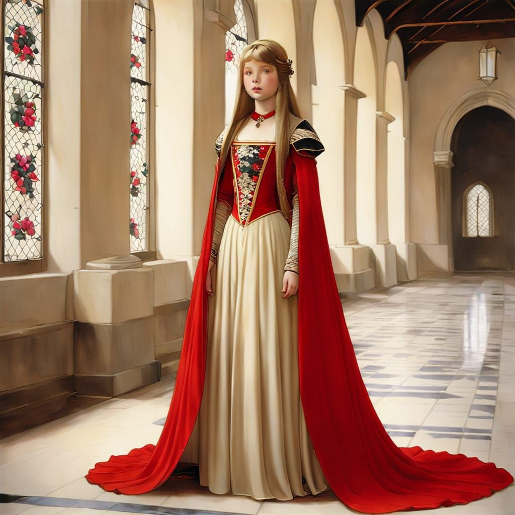 Medieval Maiden in Red Gown, Pre-Raphaelite Style