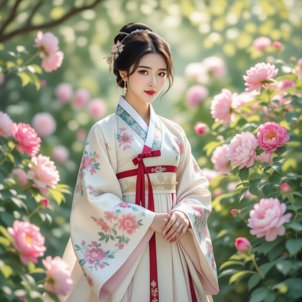Korean Woman in Modern Hanbok in Peony Garden
