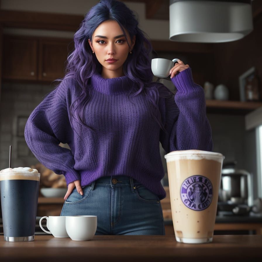 Hyperrealistic Woman Holding Latte in Cafe