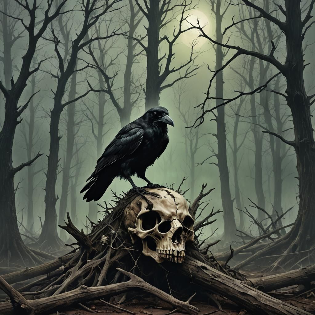 Eerie Crow Skull in Dead Forest: Dark Fantasy Art