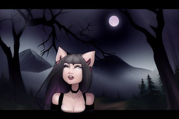 Catgirl in Black Dress Under Moonlight