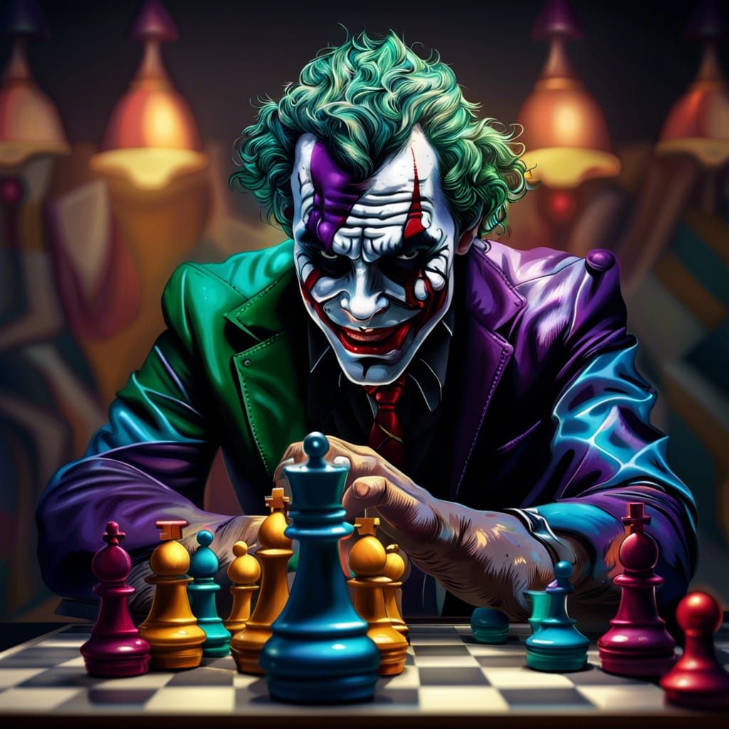 Hyperrealistic Joker Plays Chess in Splash Art Style