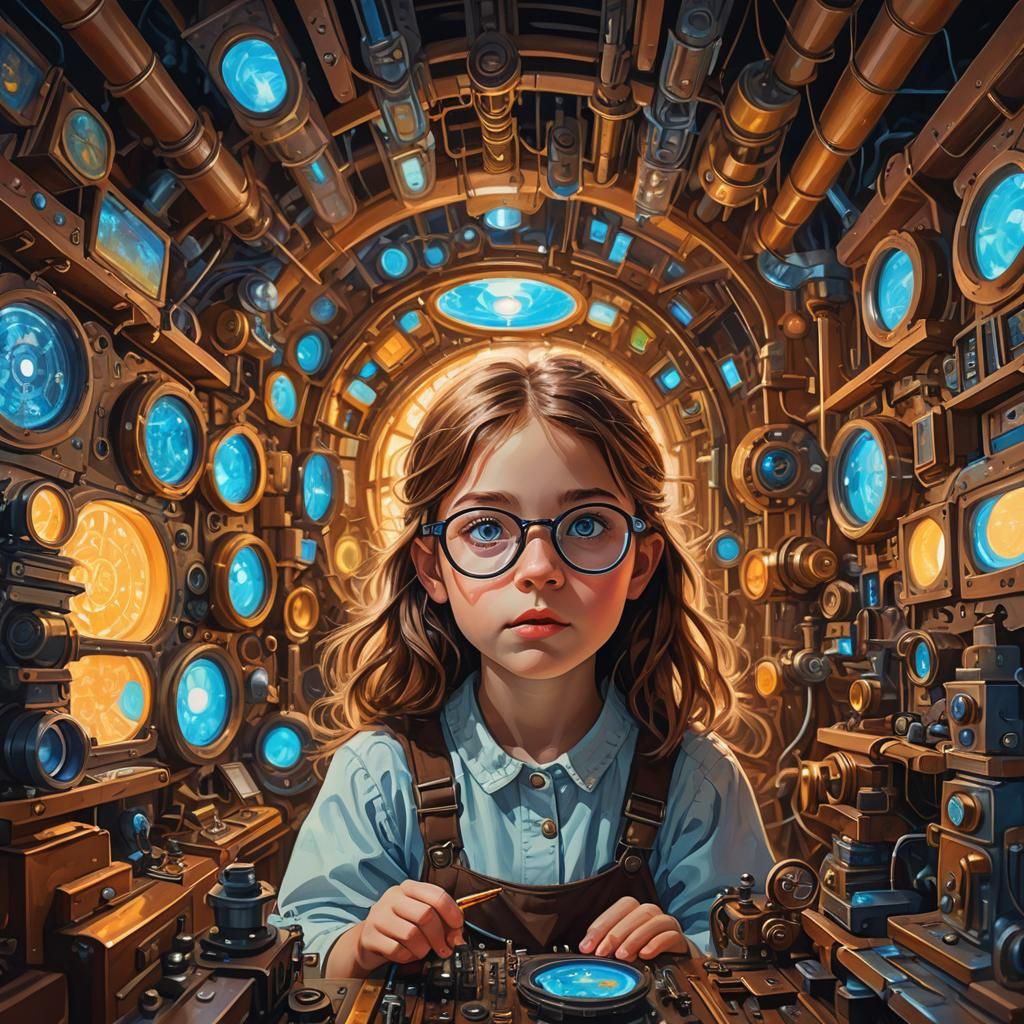 Girl Genius Surrounded by Inventions in Gouache Style