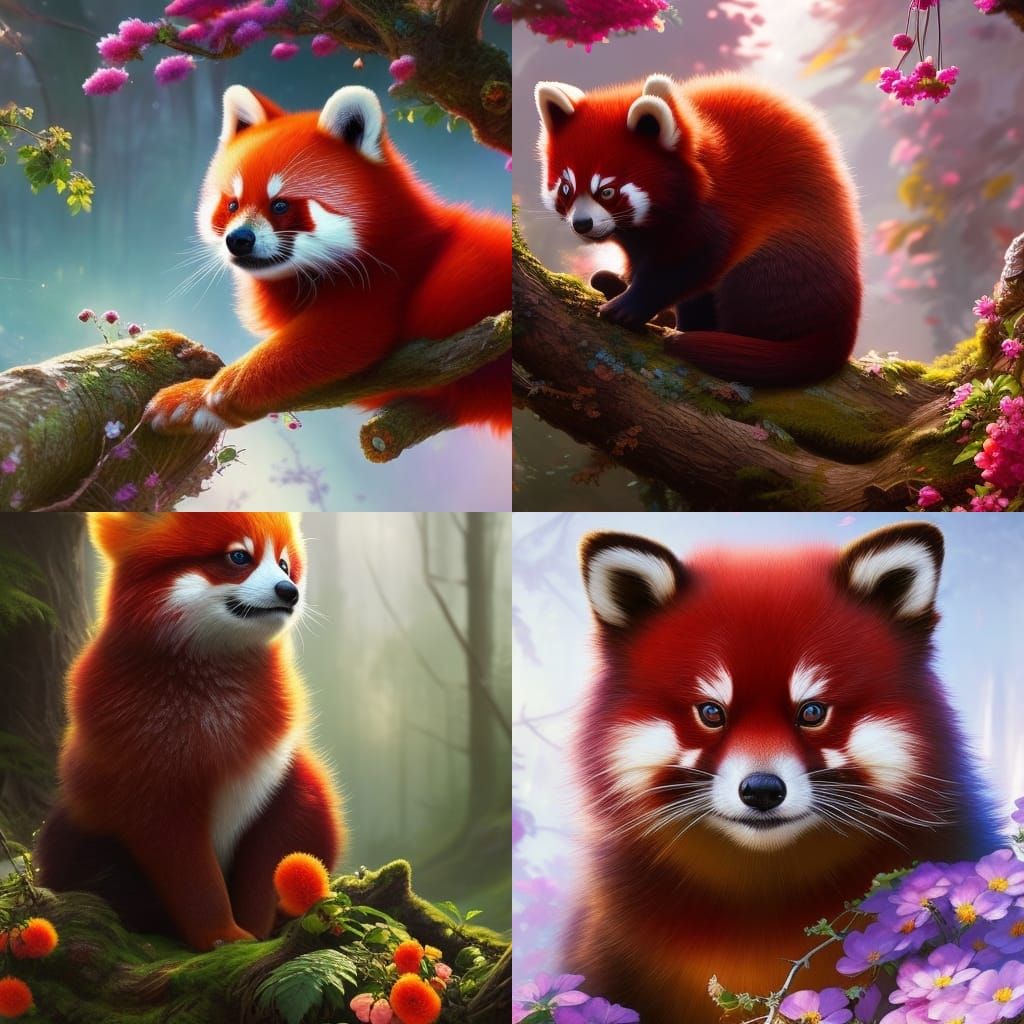 Adorable Red Pandas in a Fantastical Floral Scene