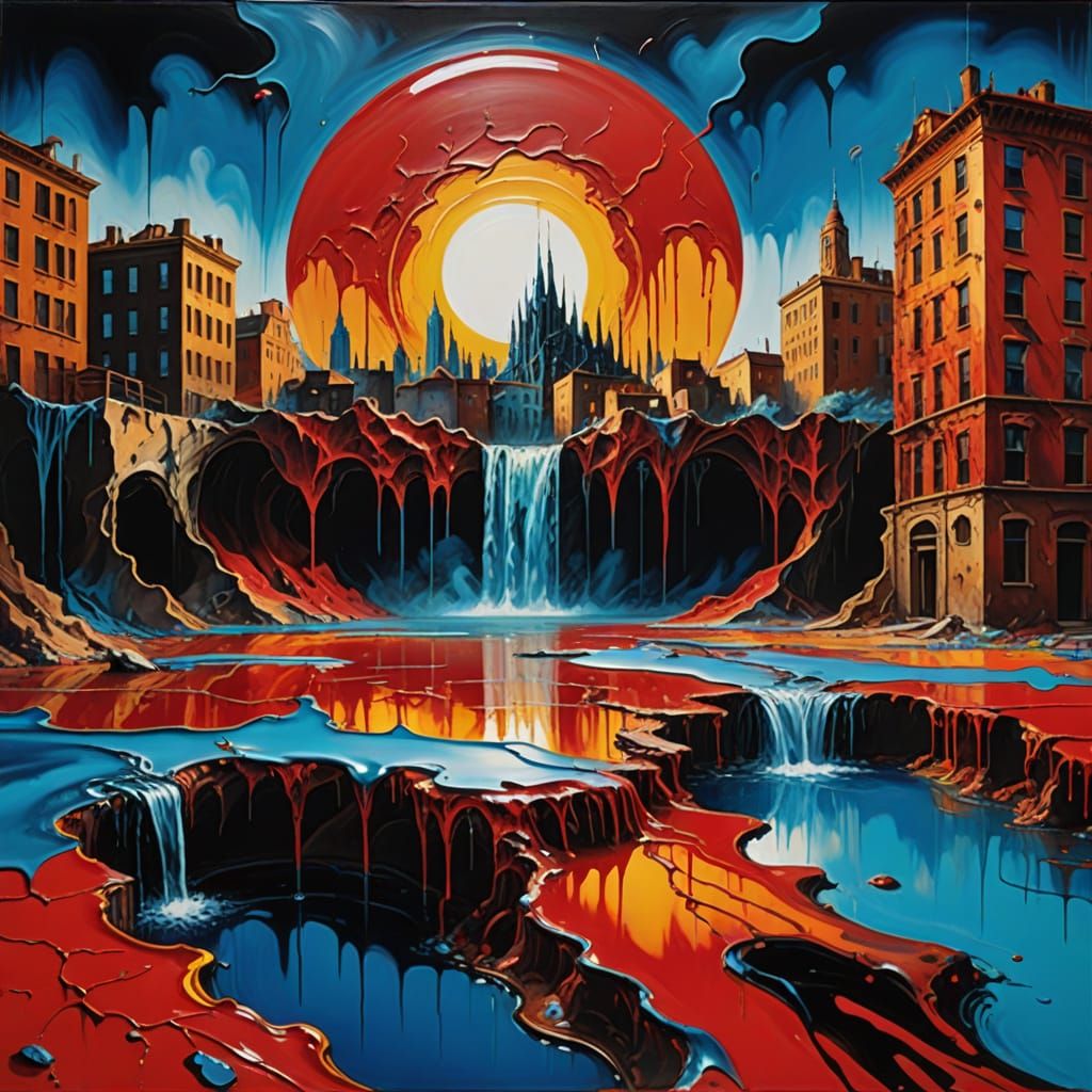 Dystopian Planet with Melting Buildings: Surrealist Oil Pain...