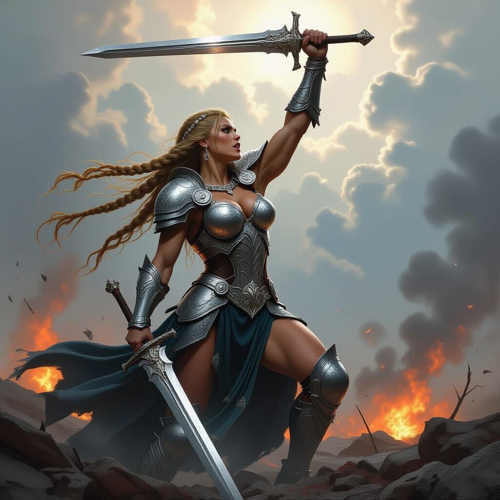 Valkyrie on Battlefield in Dark Fantasy Style