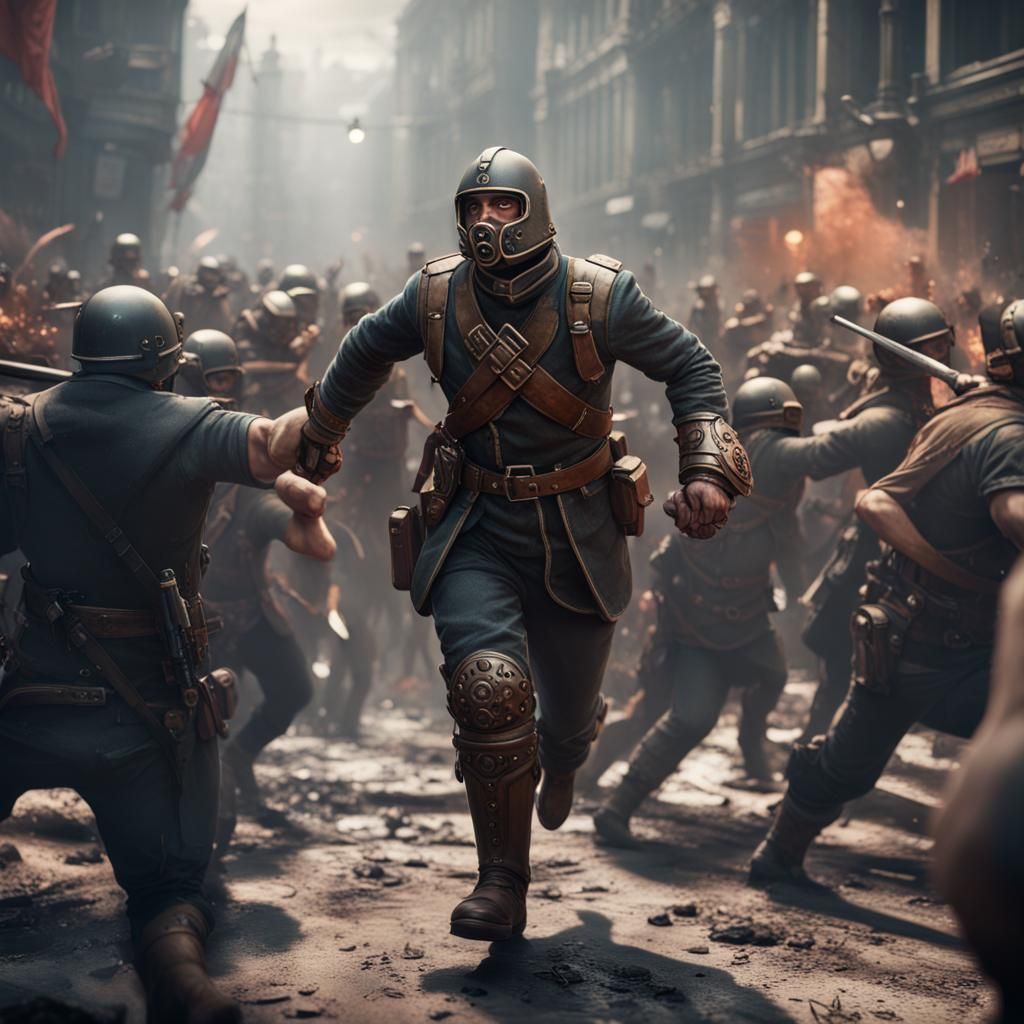 Dieselpunk Warrior Amidst Riot, Detailed Matte Painting