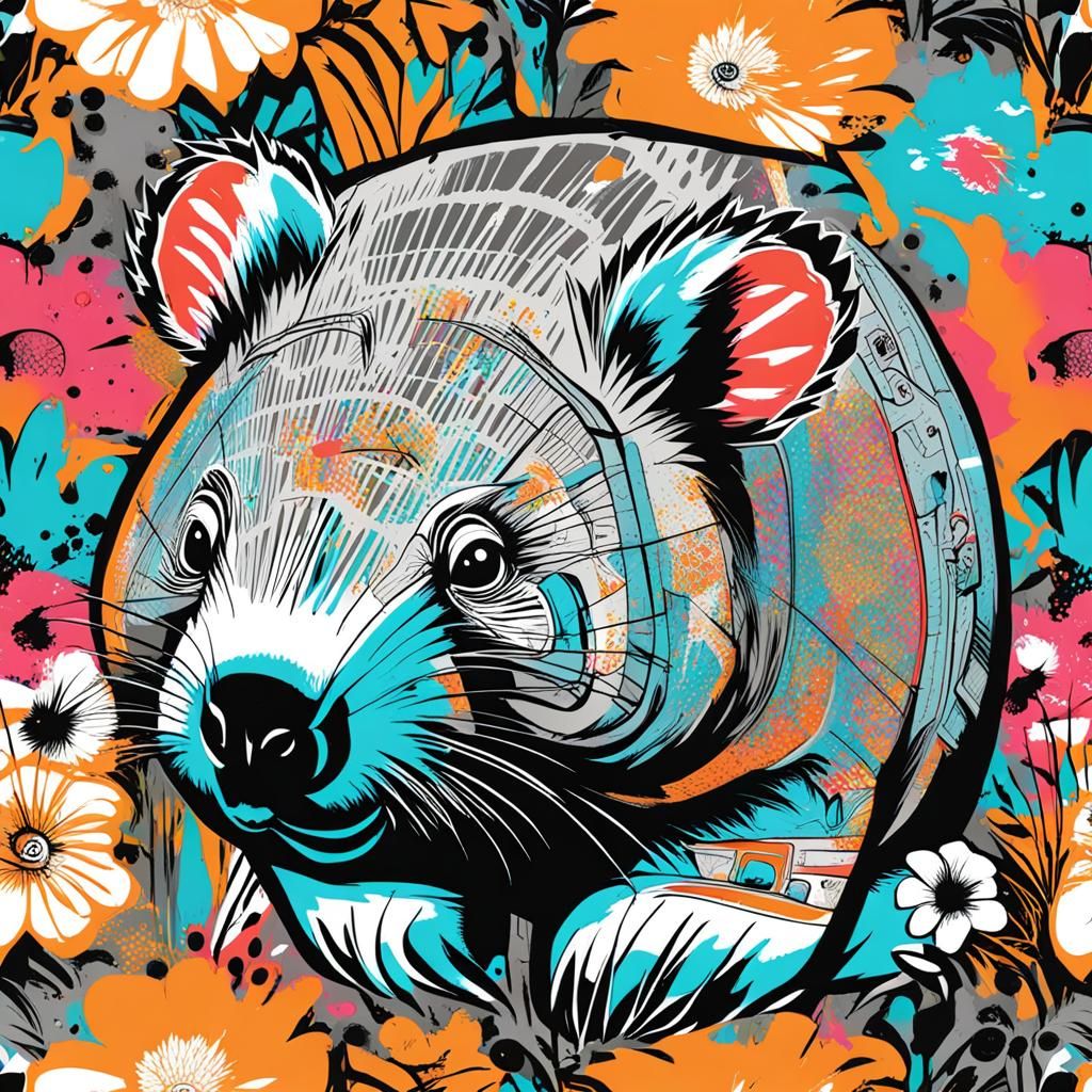 Wombat in Graffiti Style with Floral Accents