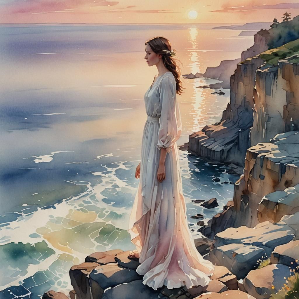 Woman Gazing at Sunrise: Watercolor Painting