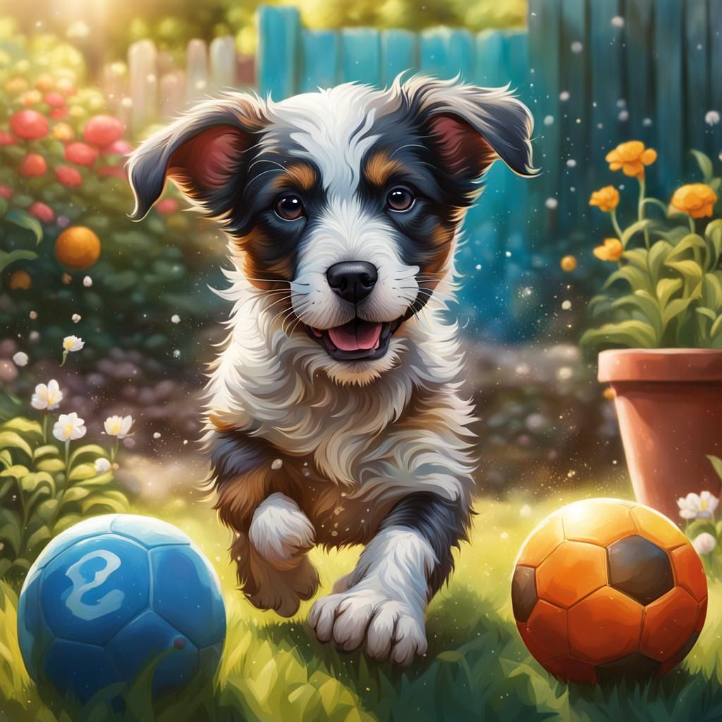 Hyperrealistic Puppy Plays Ball in Garden