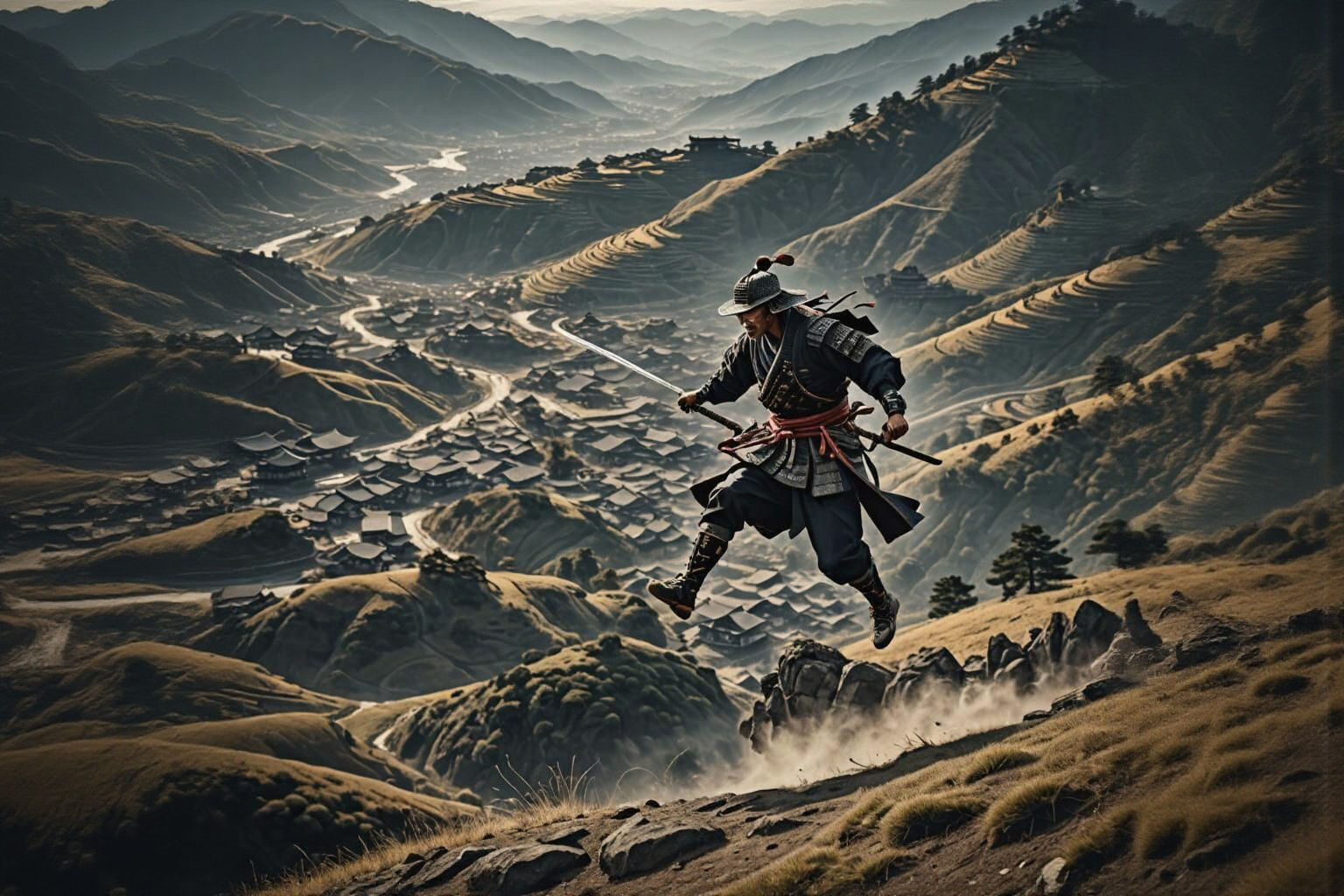 Hyperrealistic Samurai Leaping Across Hills