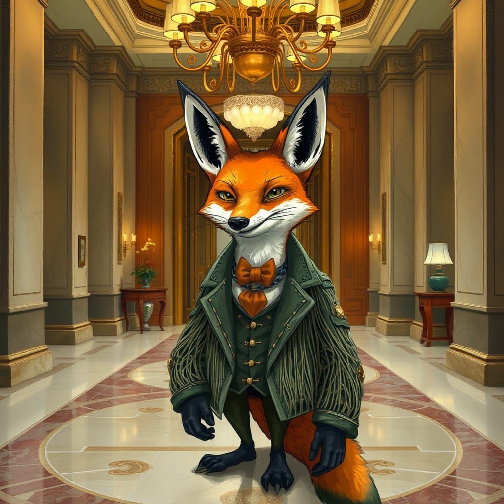 Fox in String Jacket Enters Grand Lobby