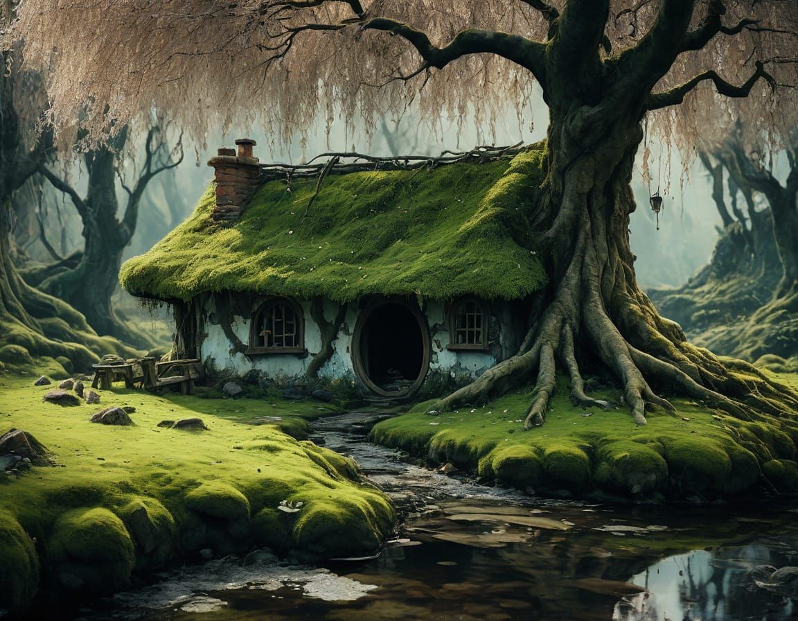 Hobbit Hut in Forest, Abstract Expressionist Style