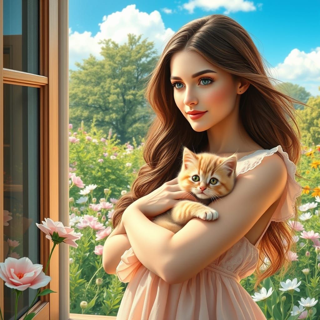 Woman Cuddling Kitten