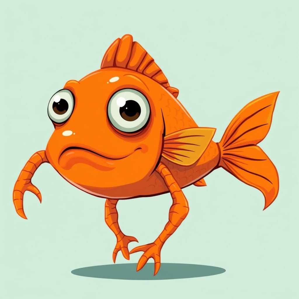 Whimsical Orange Fish with Legs in 2D Style
