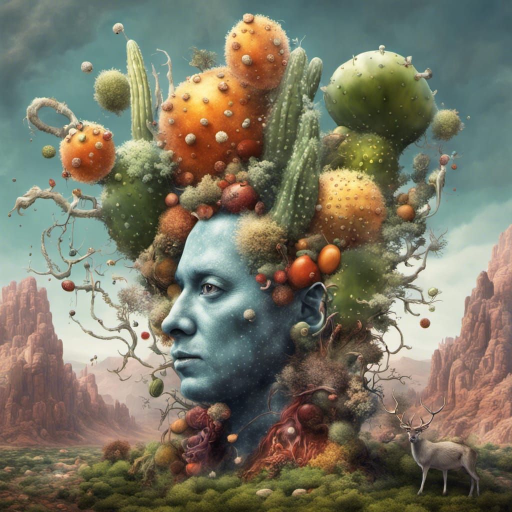 Surreal Human-Vegetable Hybrid in a Fantasy Landscape
