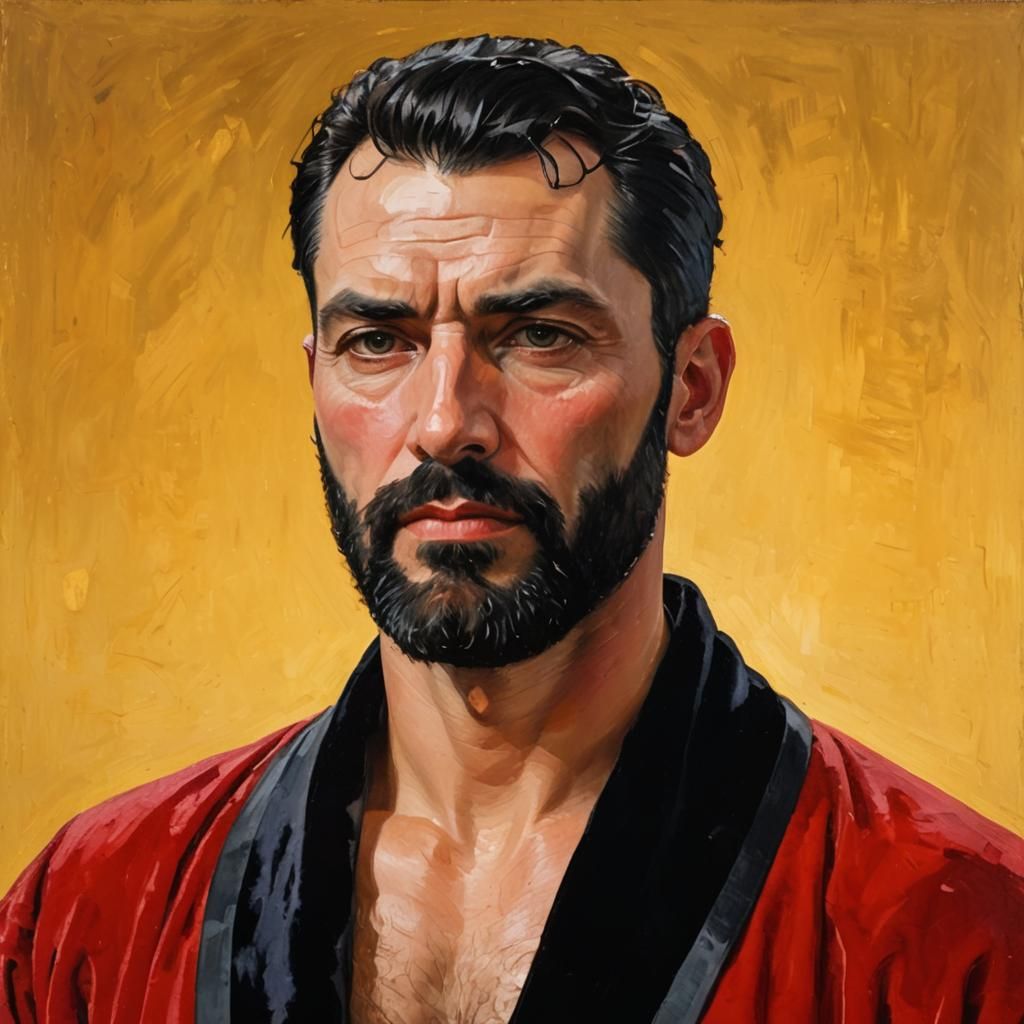 Worried Man in Red Robe: Neo-Impressionist Oil Painting