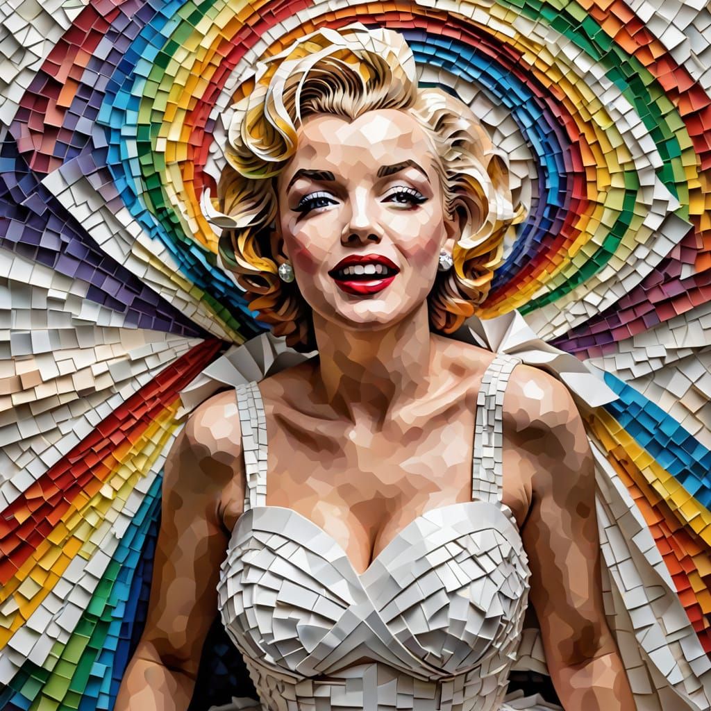 Colorful Paper Mosaic of Marilyn Monroe in White Dress