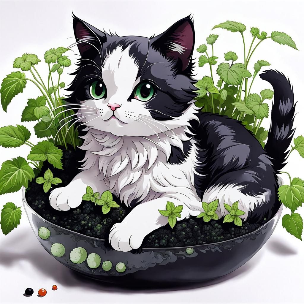 Chibi Cat's Bliss: An Anime Ink Painting