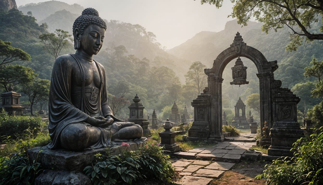Dawn at Overgrown Buddhist Cemetery with Buddha Statue