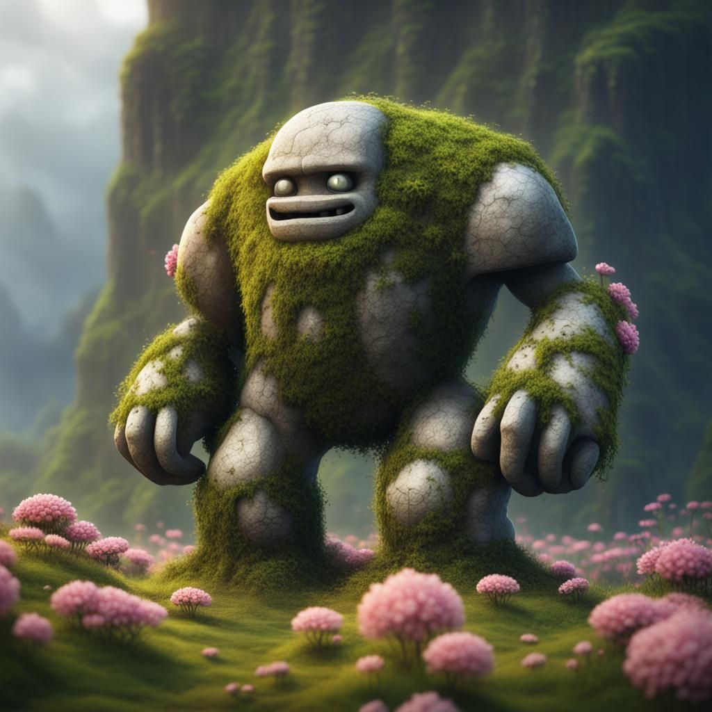 Cute Stone Golem in Flower Field: Digital Matte Painting
