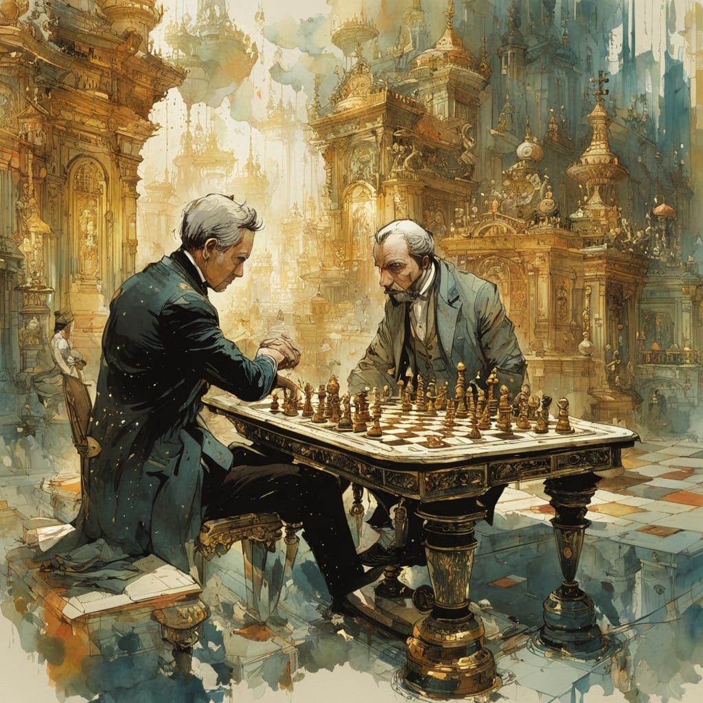 Golden Chess Match: King Victorious in Watercolor
