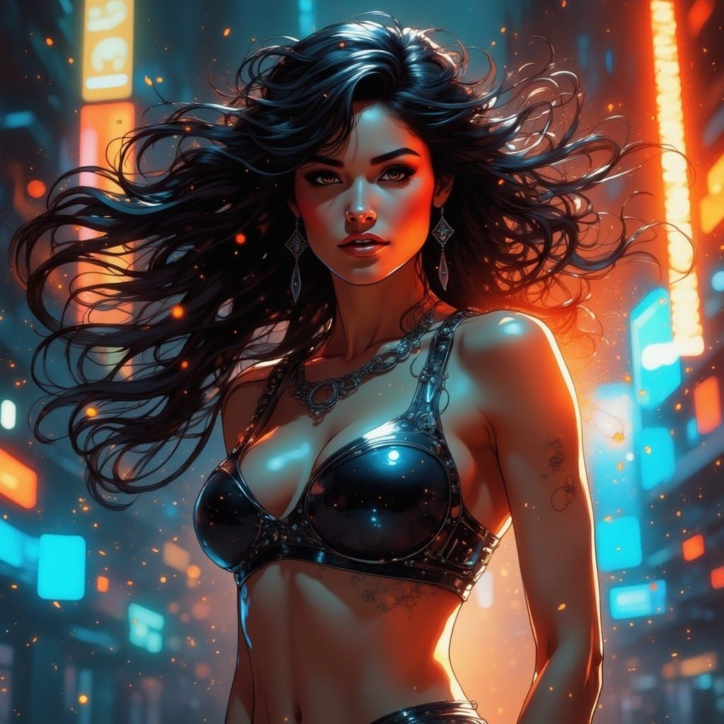 Sultry Futuristic Pin-Up Girl in Cyberpunk Style, Inspired b...