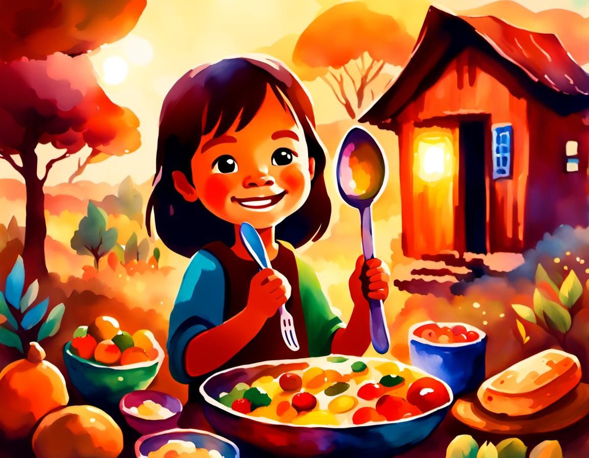 Child in Cozy Kamba Village: Watercolor Illustration