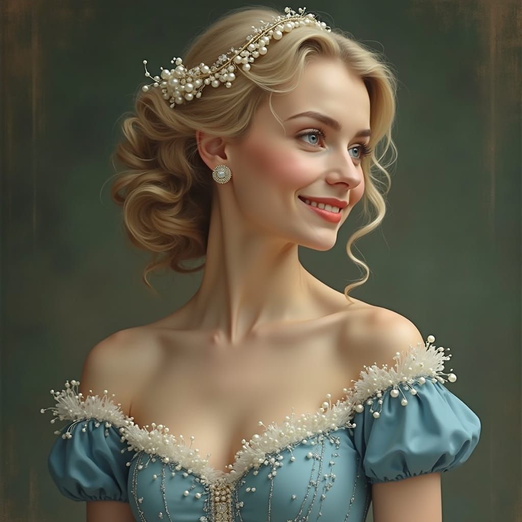 Elegant European Woman in Blue Corset Gown with Pearl Accent...