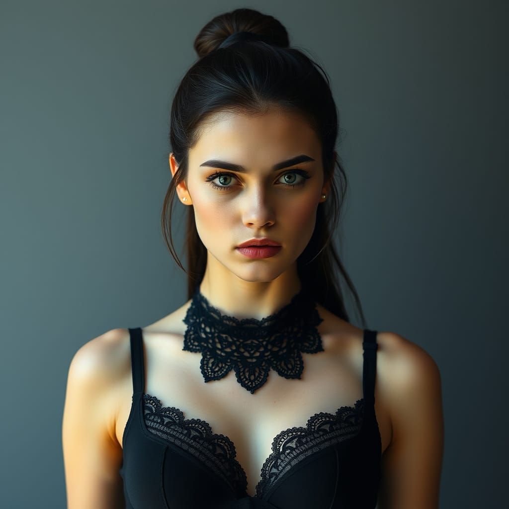 Dramatic Portrait of Woman with High Bun in Natural Lighting