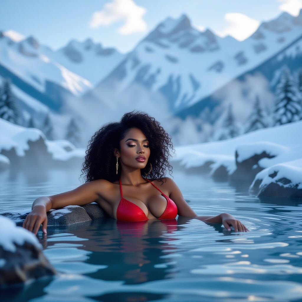 Crimson Bikini in Snowy Mountain Hot Spring