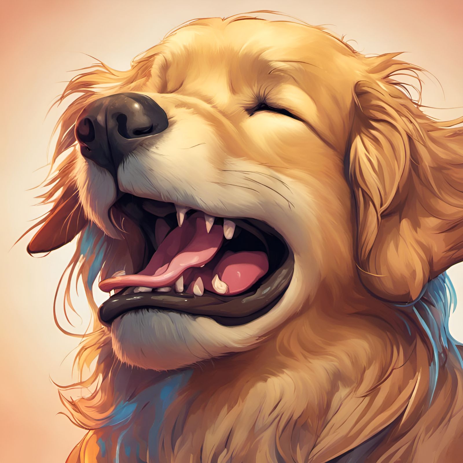 Anthropomorphic Golden Retriever Yawning in 3D Digital Art