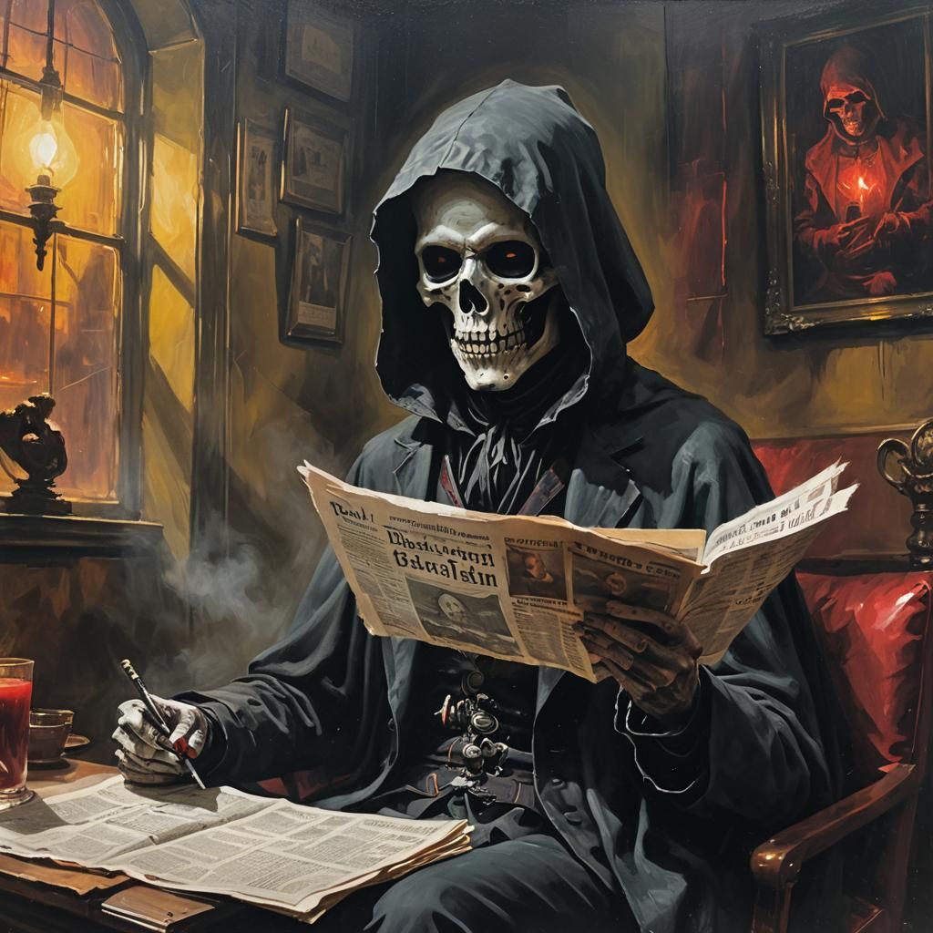Death Reads Newspaper: Dark Fantasy Oil Painting