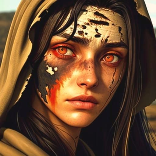 Determined Teen Refugee With Scarred Face and Mismatched Eye...