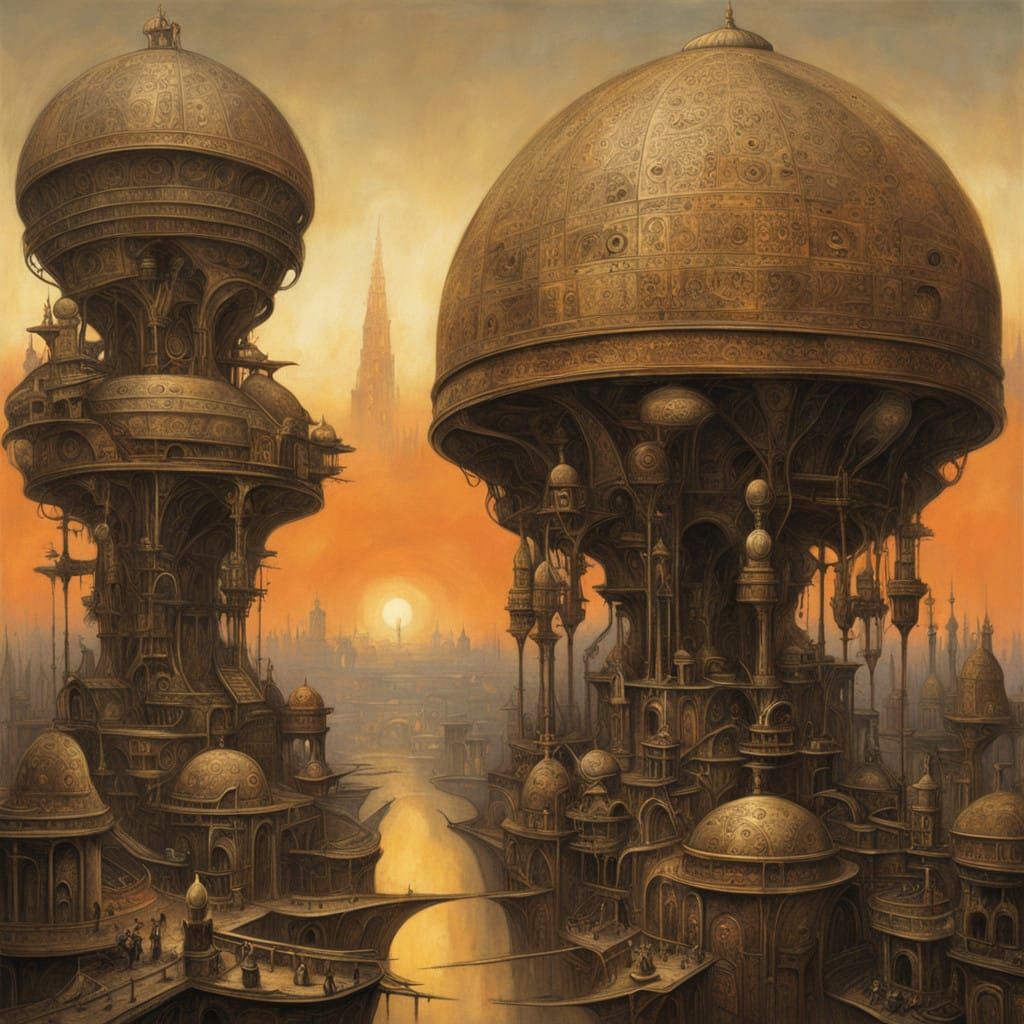 Futuristic city made of brass and tin
