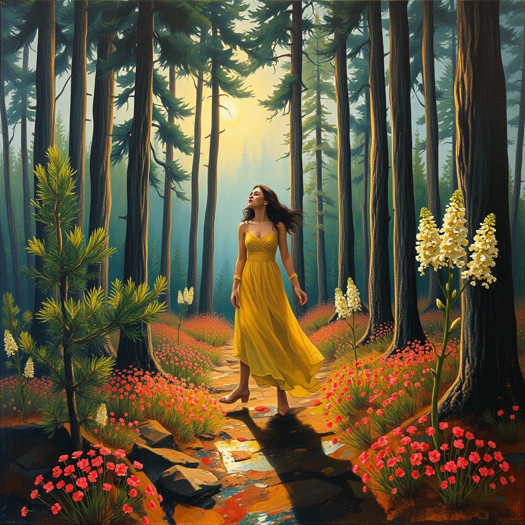 Woman in Dreamlike Forest Landscape with Expressive Brushstr...