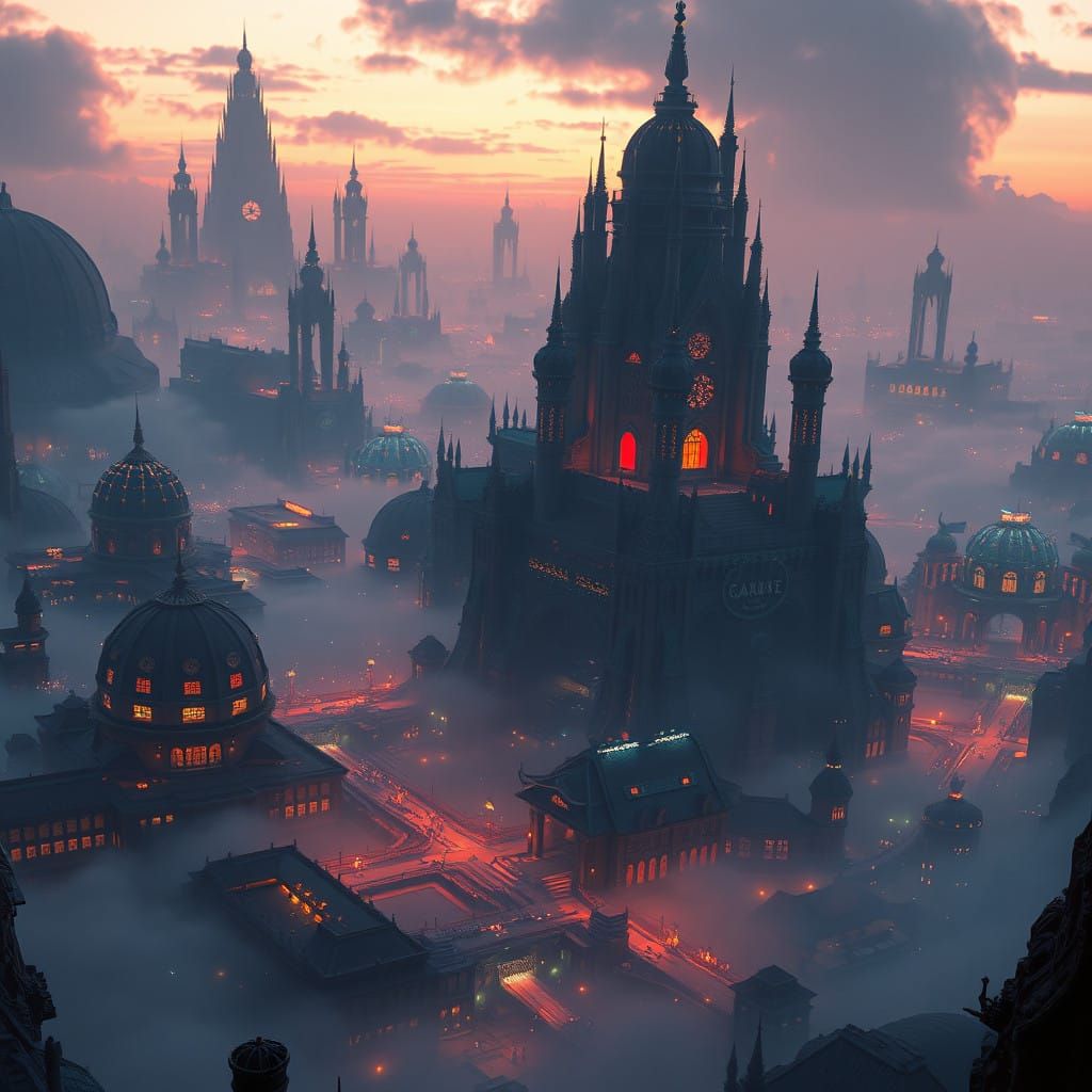 Surreal Cityscape at Dusk in Atmospheric Fantasy Style