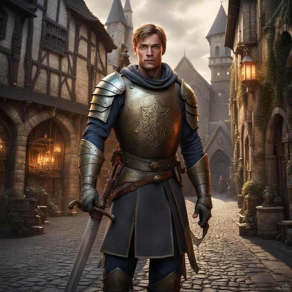 Armored Man in Medieval City: Fantasy Concept Art